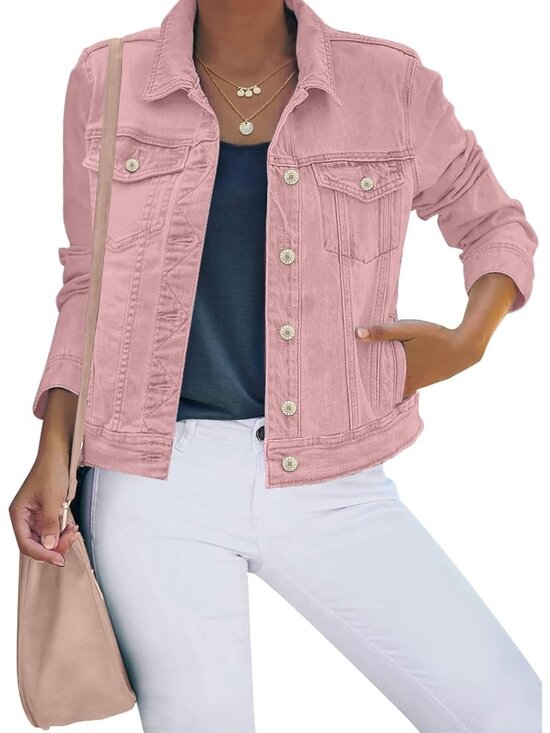 Jackets & Blazers - Women's Pink Basic Button Down Stretch Fitted Long Sleeves Denim Jean Jacket